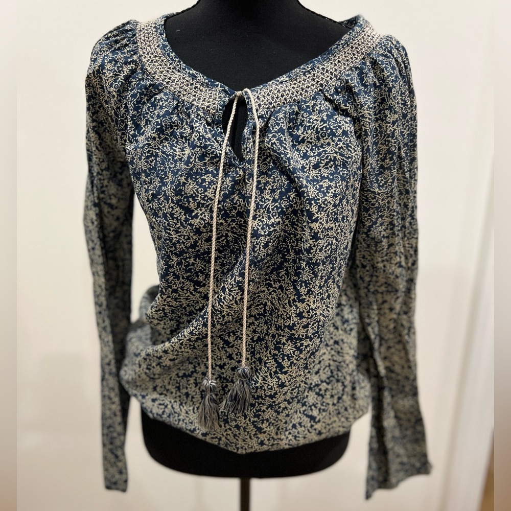 John Robshaw for Lucky Brand - Midnight Blue Ivory Cotton Boho Blouse Small